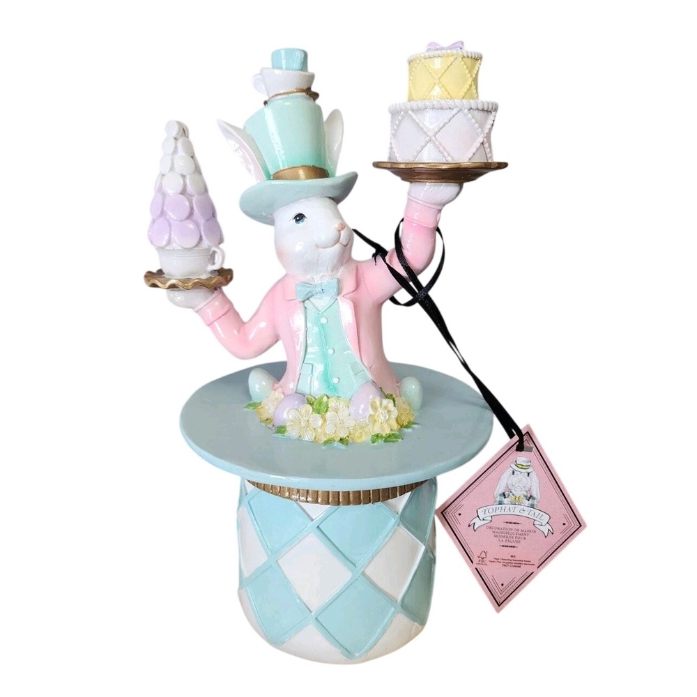 Tophat & Tail Resin Rabbit Figurine Pink Teal Easter Bunny Cake Decor Statue